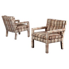 Original 1970's Milo Baughman Style Plaid Fabric Parsons Club Chairs by Kaylyn