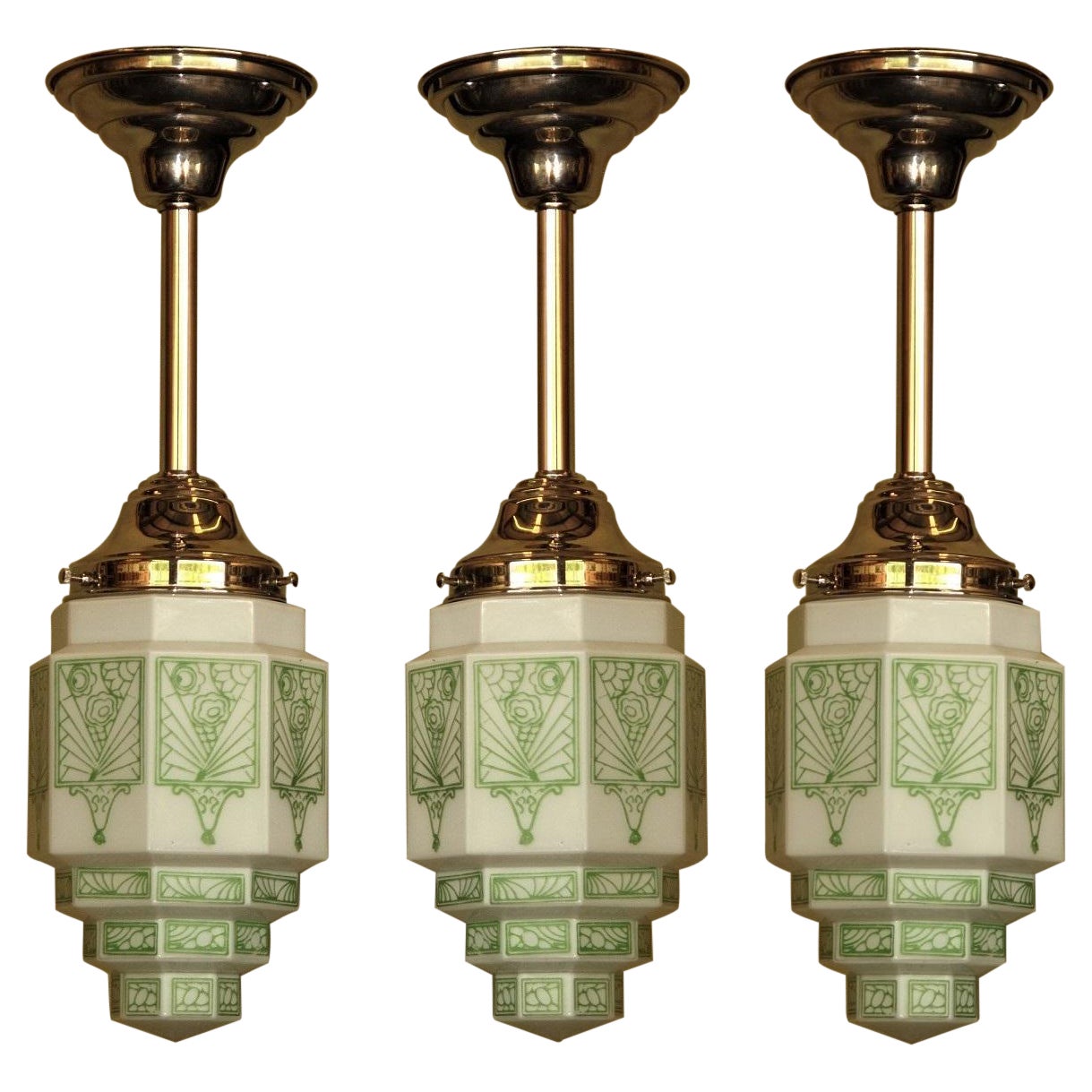 Three Art Deco Pendants with Green Deco Designs by Fostoria circa 1928