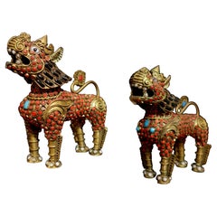 Antique Pair of Tibetan Enamel Jeweled Foo Lions / Dogs Snuff Bottles