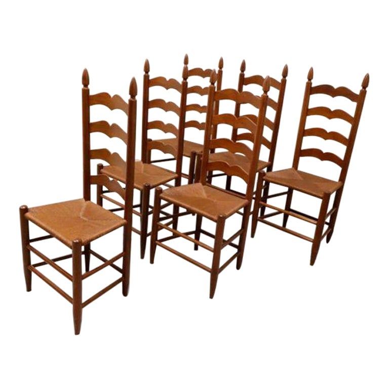 Vintage 1950s Solid Cherry Ladder Back Dining Chairs with Rush Seats - Set of 6