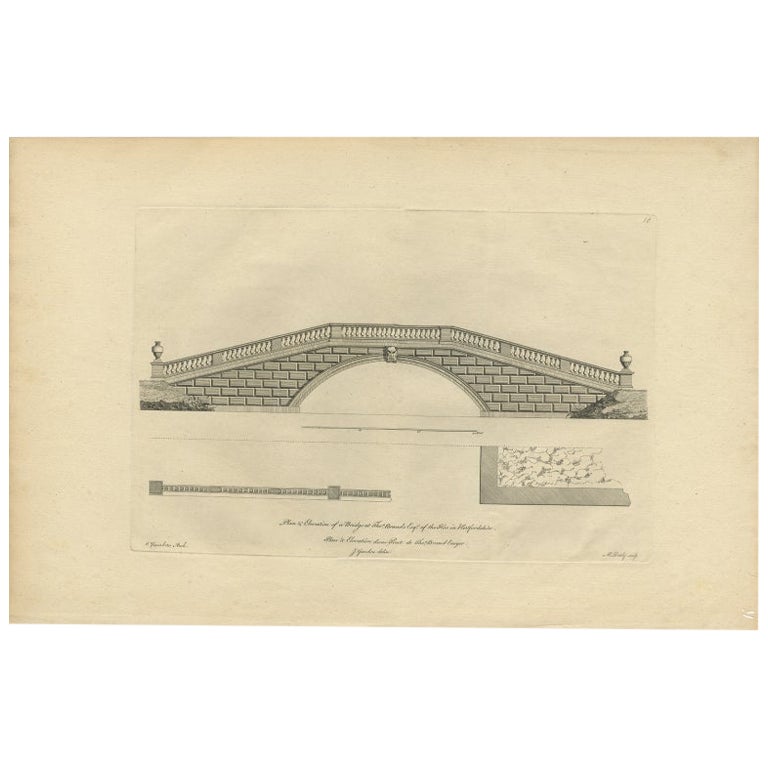 Old Print of a Bridge of Kimpton Hoo in Kimpton, Hertfordshire, England, c.1770