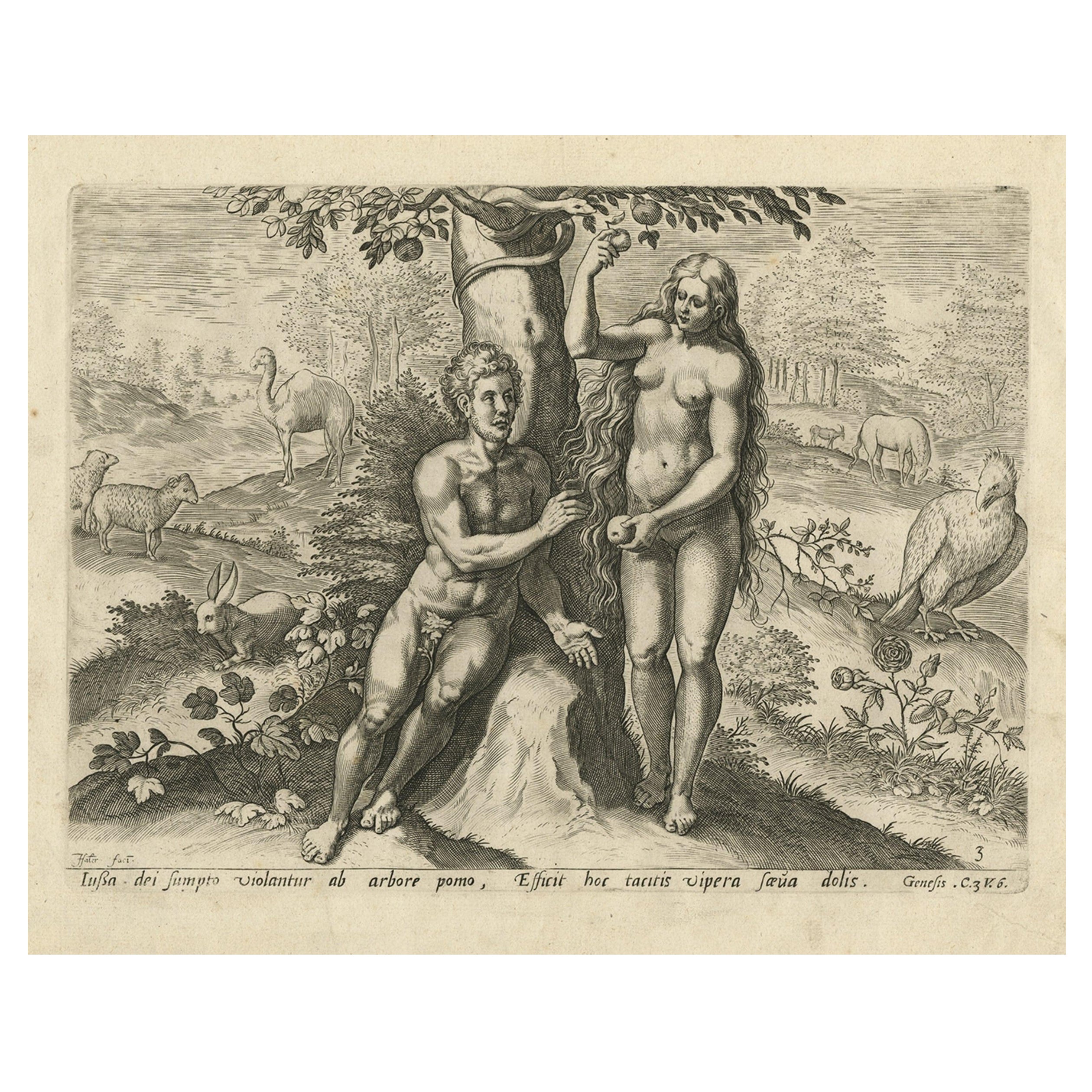 Rare Print of Genesis in the Old Testament; Adam and Eve Eating the Apple, 1674