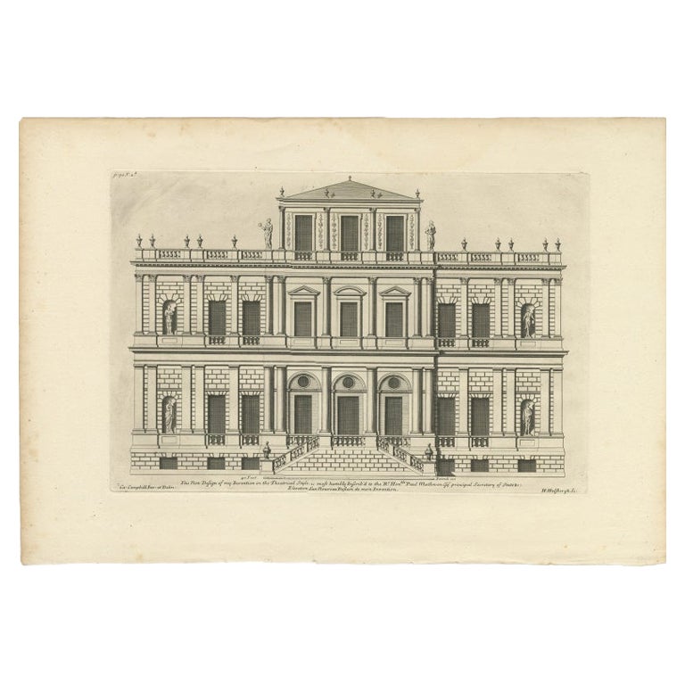 Antique Print of a Building Design in Theatrical Style to Paul Methnuen, 1725 For Sale