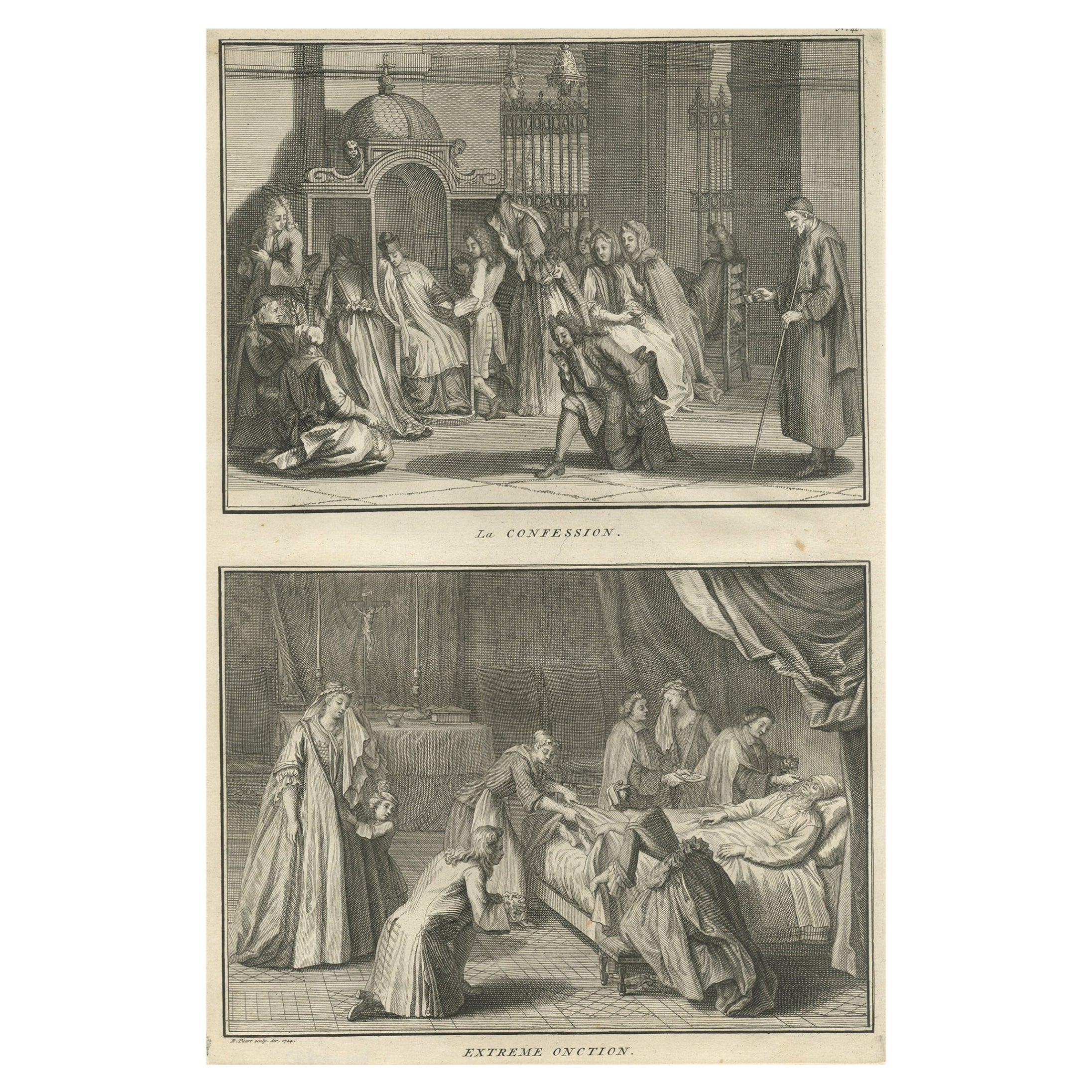 Antique Engraving Depicting the Confession & the Anointing of the Sick, 1724 For Sale