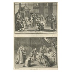 Antique Engraving Depicting the Confession & the Anointing of the Sick, 1724