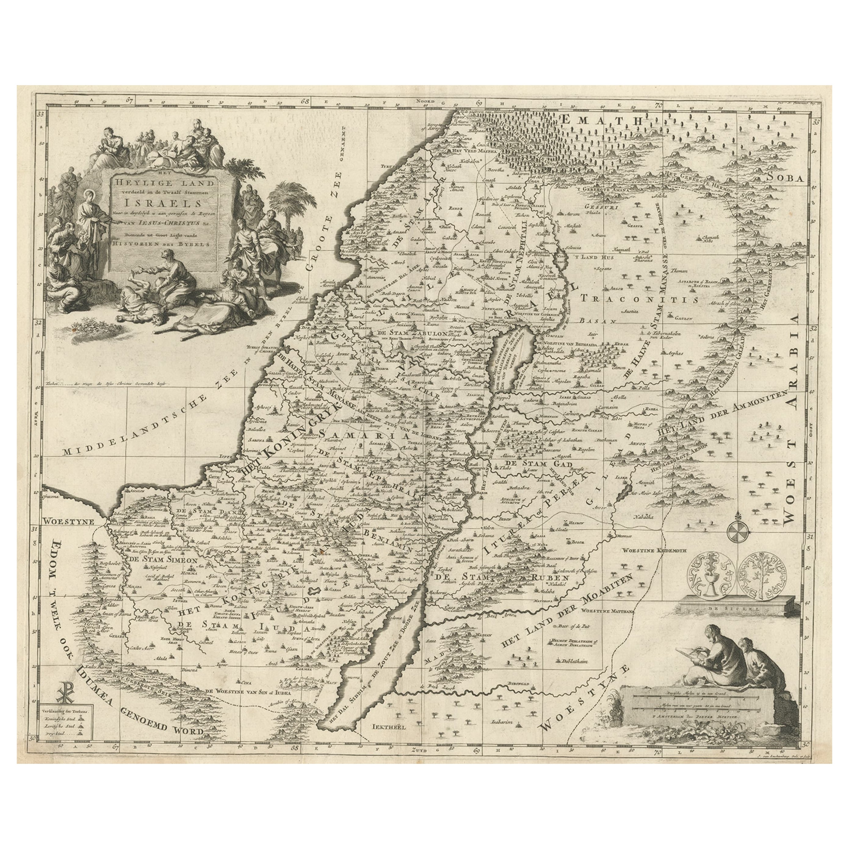 Map of the Holy Land Divided into 12 Tribes, the Travels of Jesus Christ, 1700