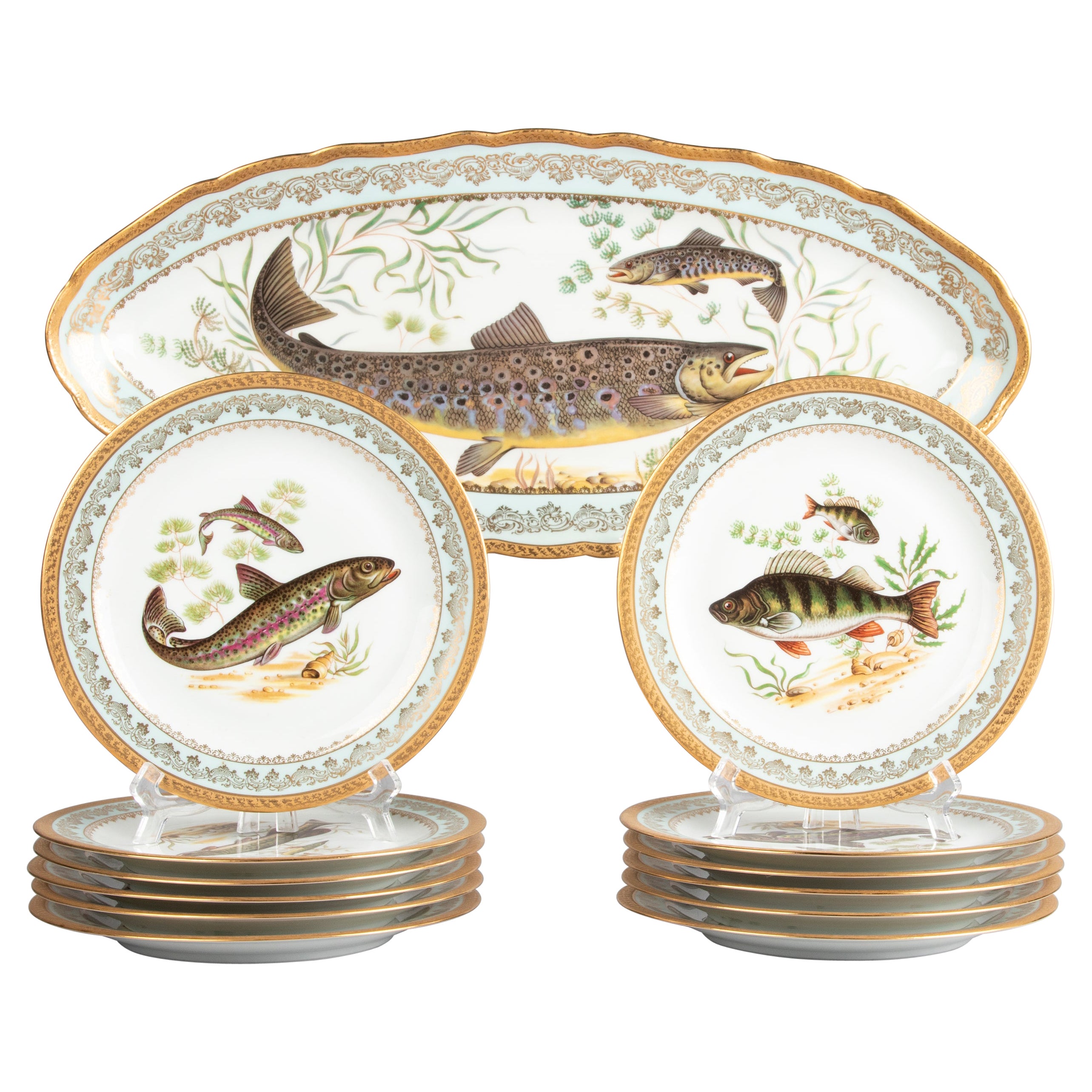 Porcelain Fish Service by Limoges Chadelaud with Gilt Encrusted Rims