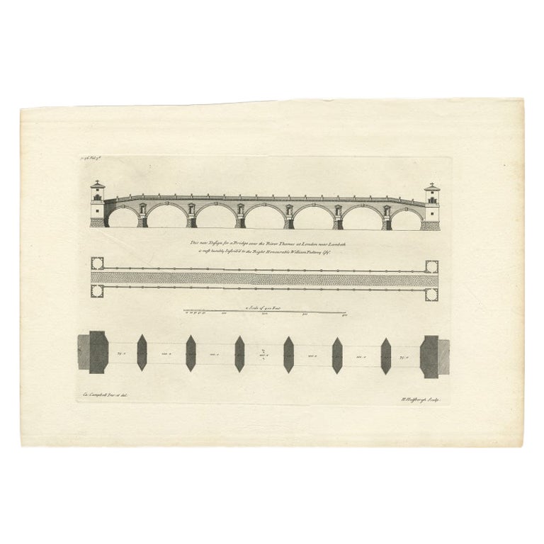 Grabado antiguo de un diseño para un puente sobre el Támesis, Londres, Inglaterra, 1725