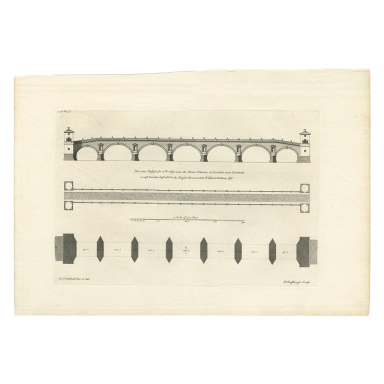 Antique Print of a Design for a Bridge across the Thames, London, England, 1725