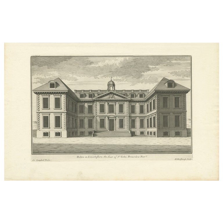 Impression ancienne d'un dessin pour Belton House, Lincolnshire, Angleterre, 1725 en vente