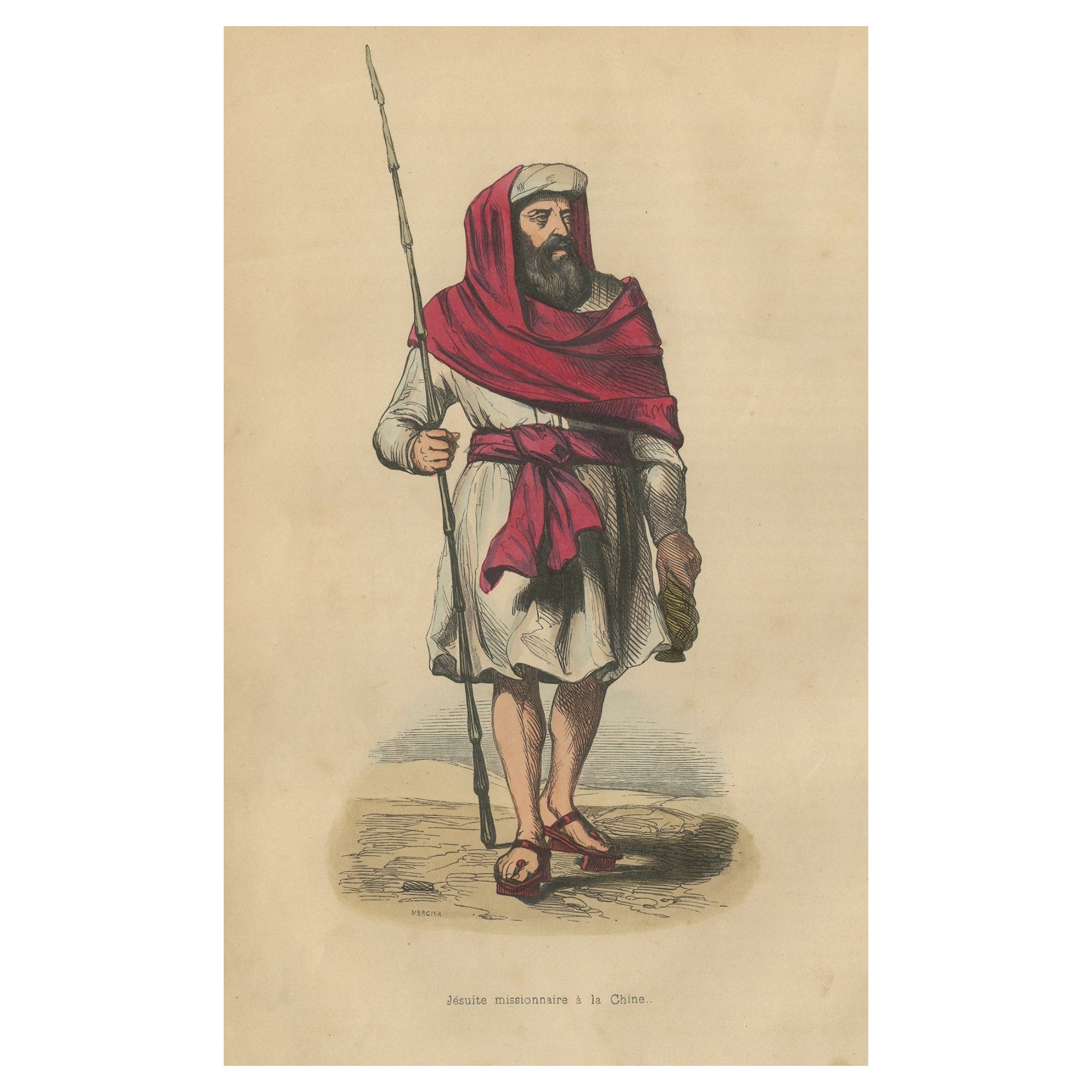 Original Antique Hand-Colored Print of a Jesuit in China, 1843 For Sale