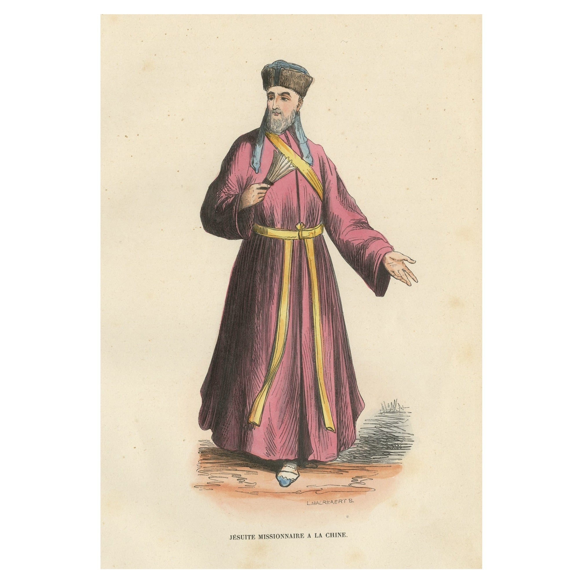 Impression ancienne originale colorée à la main d'un jésuite missionnaire en Chine, 1845
