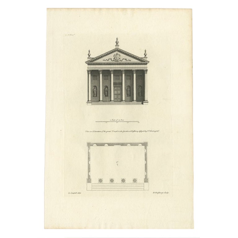 Antique Print of a Design for The Great Temple in Eastbury Park, England, 1725 For Sale