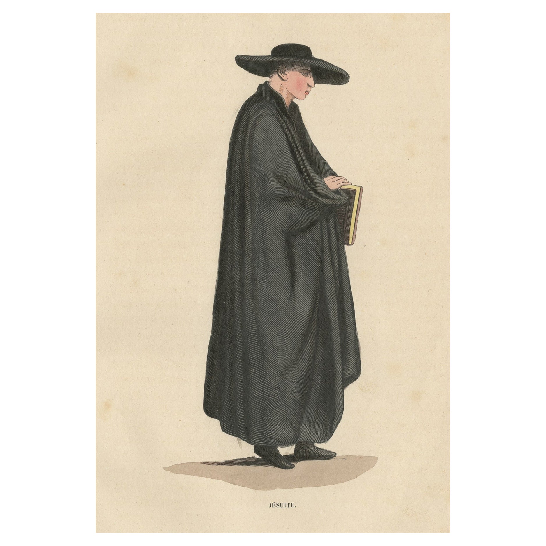 Impression ancienne originale colorée à la main d'un jésuite, 1845