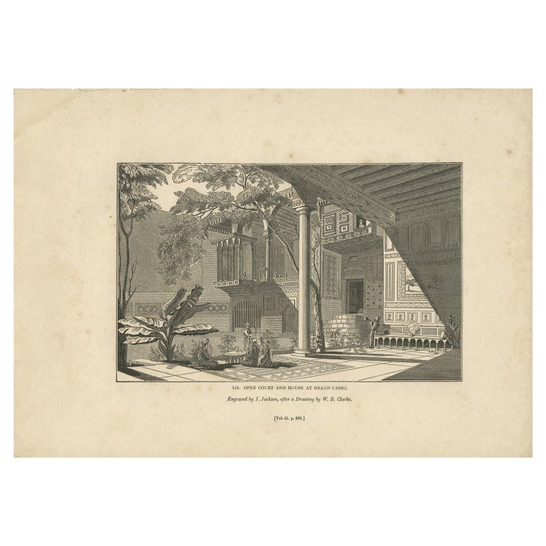 Antique print titled 'Open Court and House at Grand Cairo'. Old print of a court and house in Greater Cairo, Egypt. This print originates from 'One Hundred and Fifty Wood Cuts selected from the Penny Magazine'. Artists and Engravers: Published by
