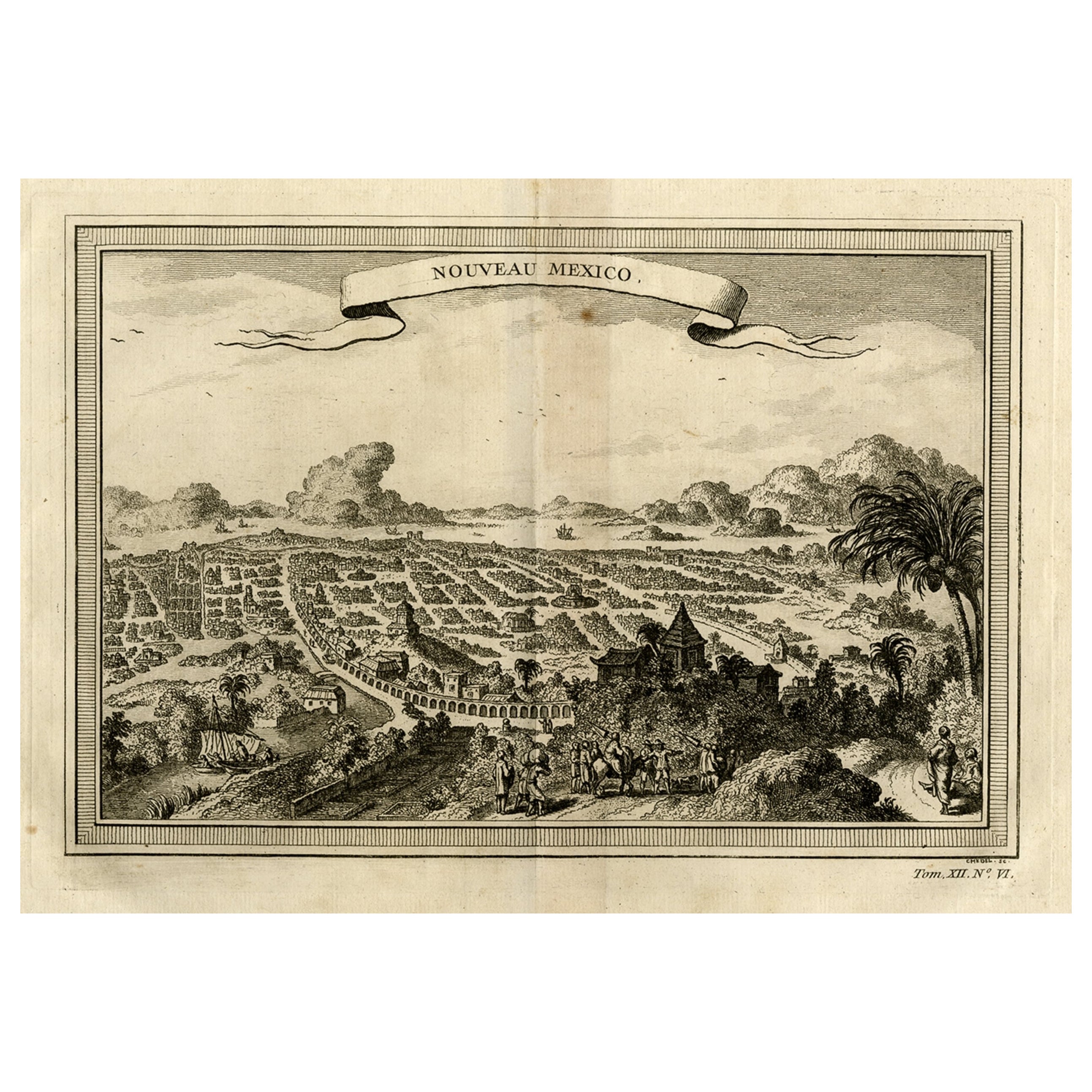 Gravure sur cuivre avec une vue panoramique de Mexico, 1754