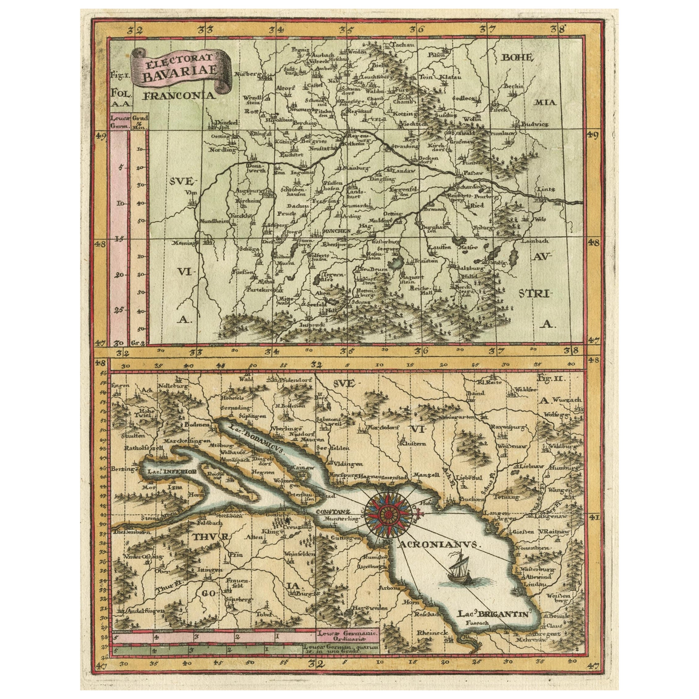 Map of the Electorate of Bavaria, Incl Lake Constance, by Jesuit Scherer, c.1700 For Sale