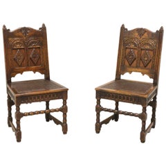Vinatge Gothic Revival Carved Oak Accent Chairs with Cane Seats, Pair