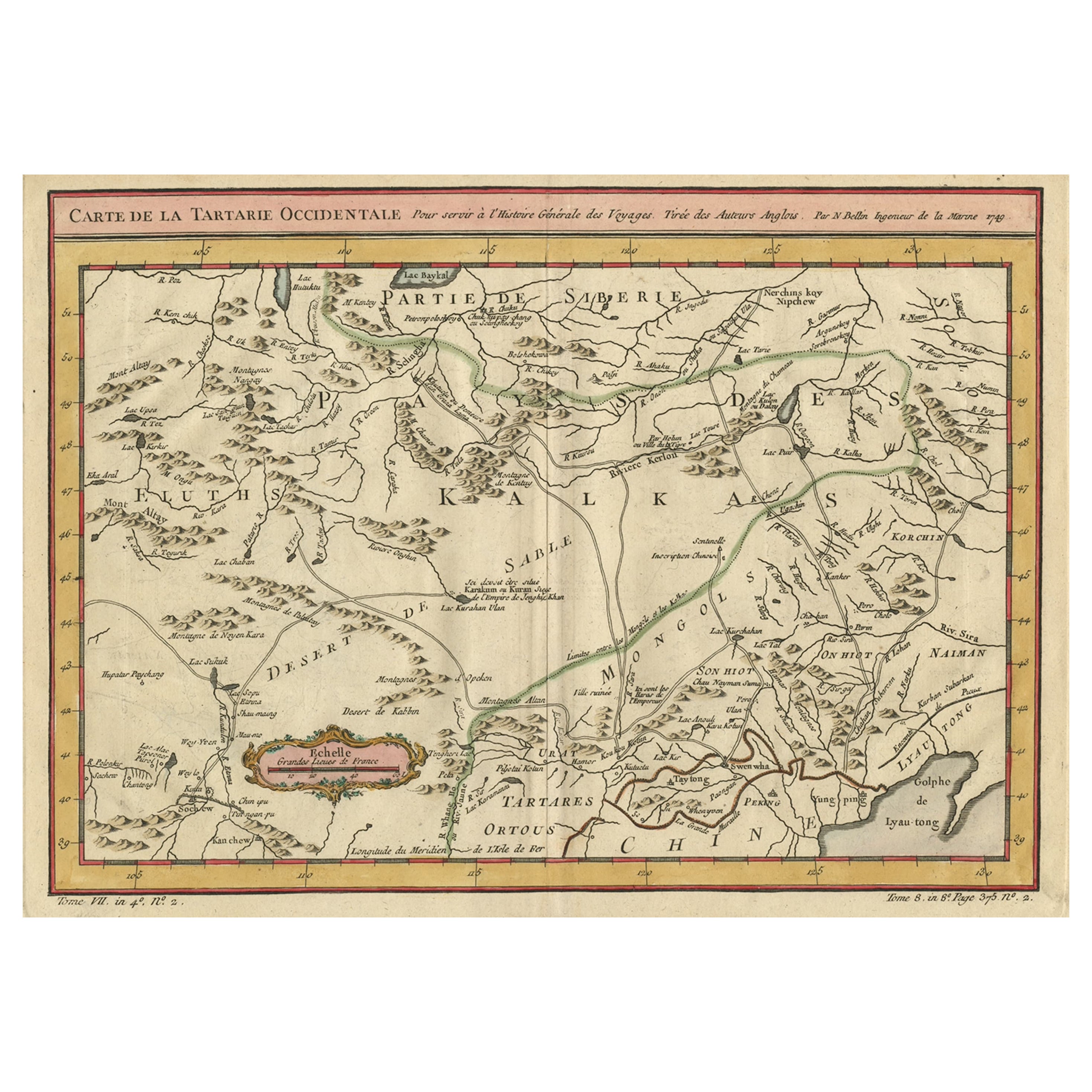 Old Hand-Colored Map of Western Tartary with Focus on Present-Day Mongolia, 1749 For Sale