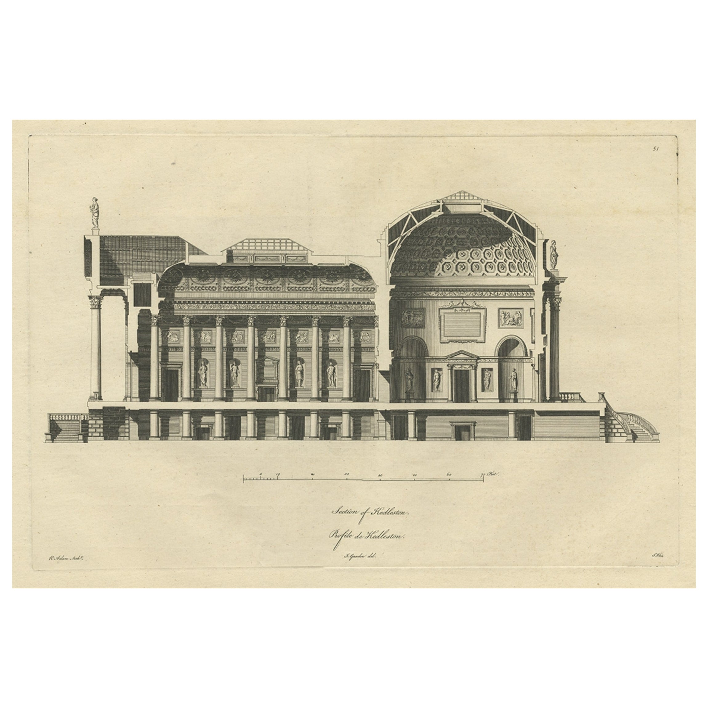Antique Print of a Section of Kedleston Hall, Derbyshire, England, c.1770