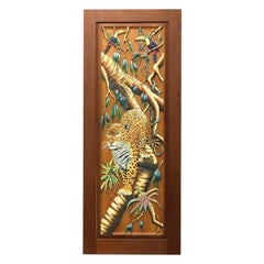 Puerta / Panel de Caoba de Honduras Tallada y Pintada a Mano - Jaguar y Tucanes