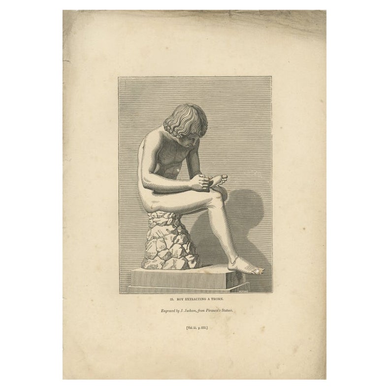 Antiker antiker Druck einer Jungenstatue eines Ritters, 1835