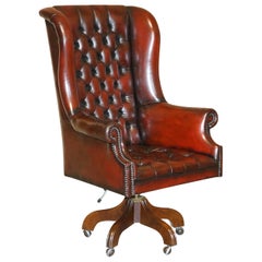 Vintage Harrods London Bordeaux Leather Wingback Captains Directors Swivel Chair