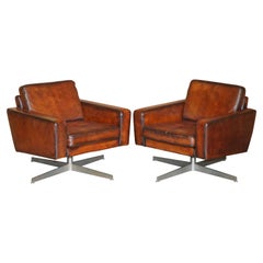 Very Fine Pair of Vintage Hand Dyed Bolia Whisky Brown Leather Swivel Armchairs