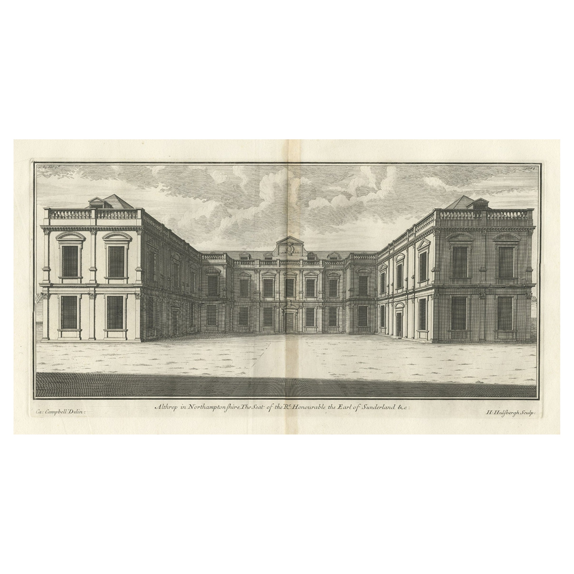 Antique Print of Althorp, Previous Home of Lady Diana Spencer in England, 1725 For Sale