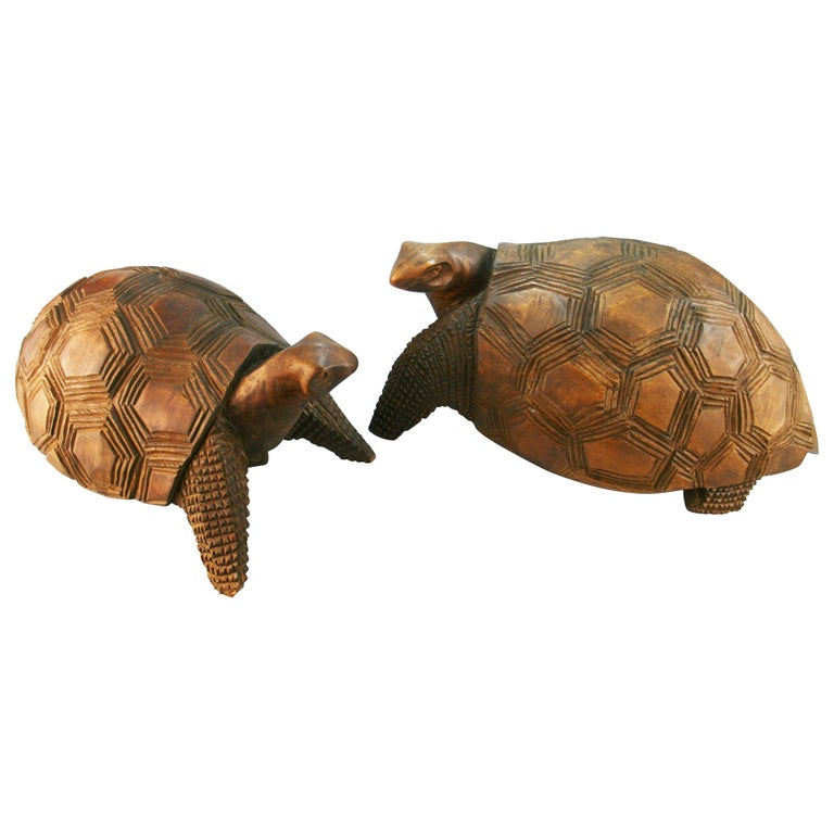 Japanese Pair of Life Size Carved Wood Turtles For Sale