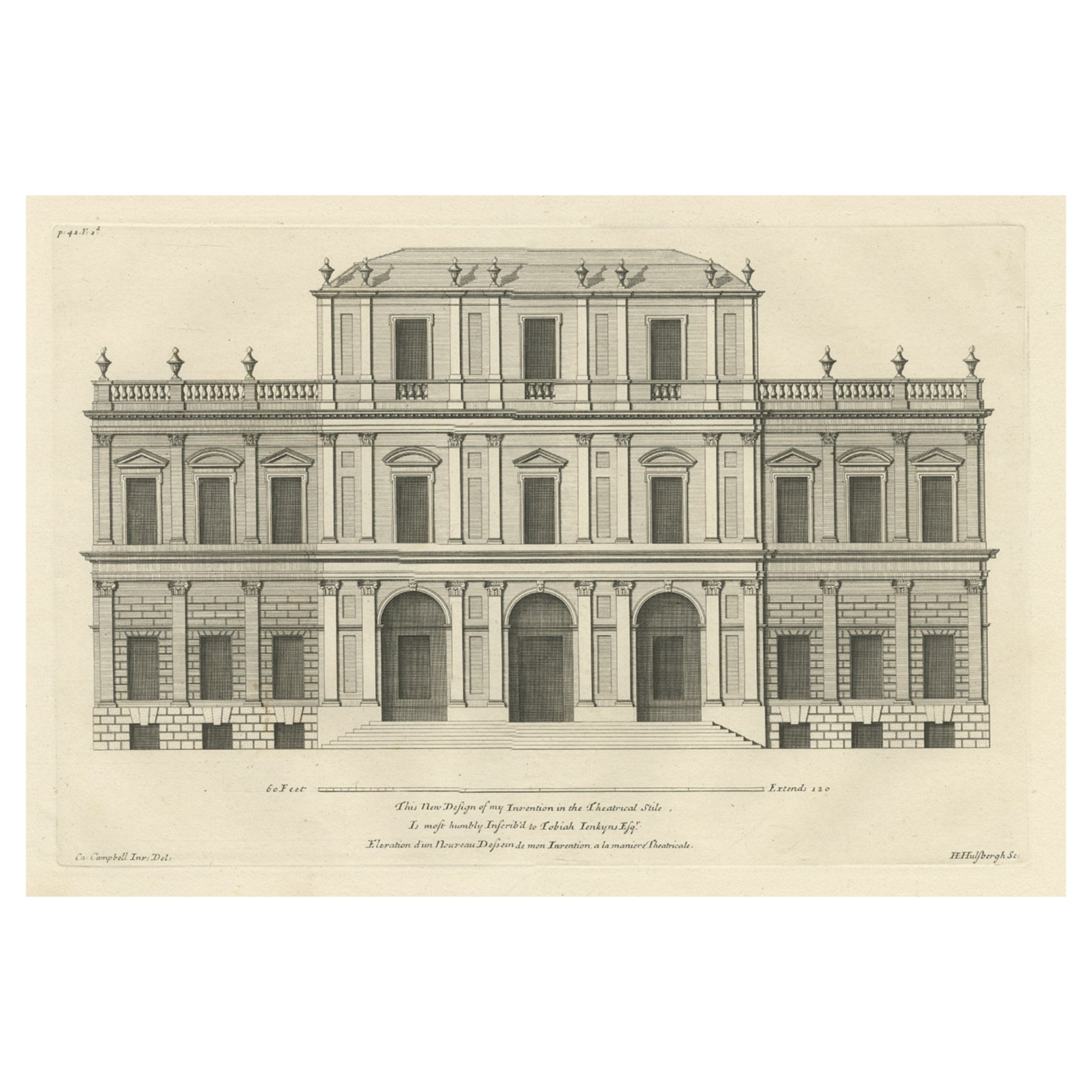 Antique Print of an Unexecuted Building Design for Mr Tobias Jenkyns, York, 1717 For Sale