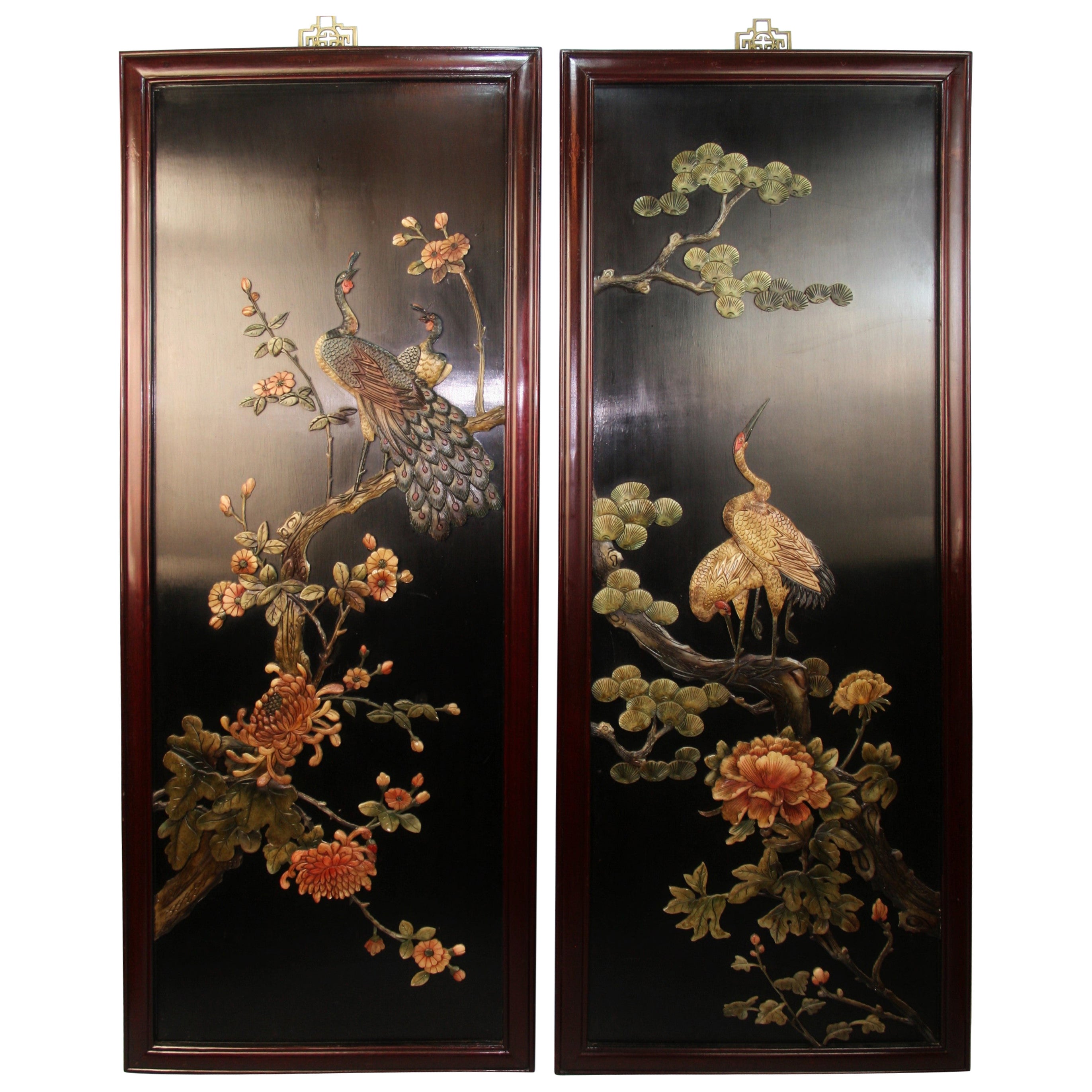 Pair Hand Carved Asian Soapstone Panels