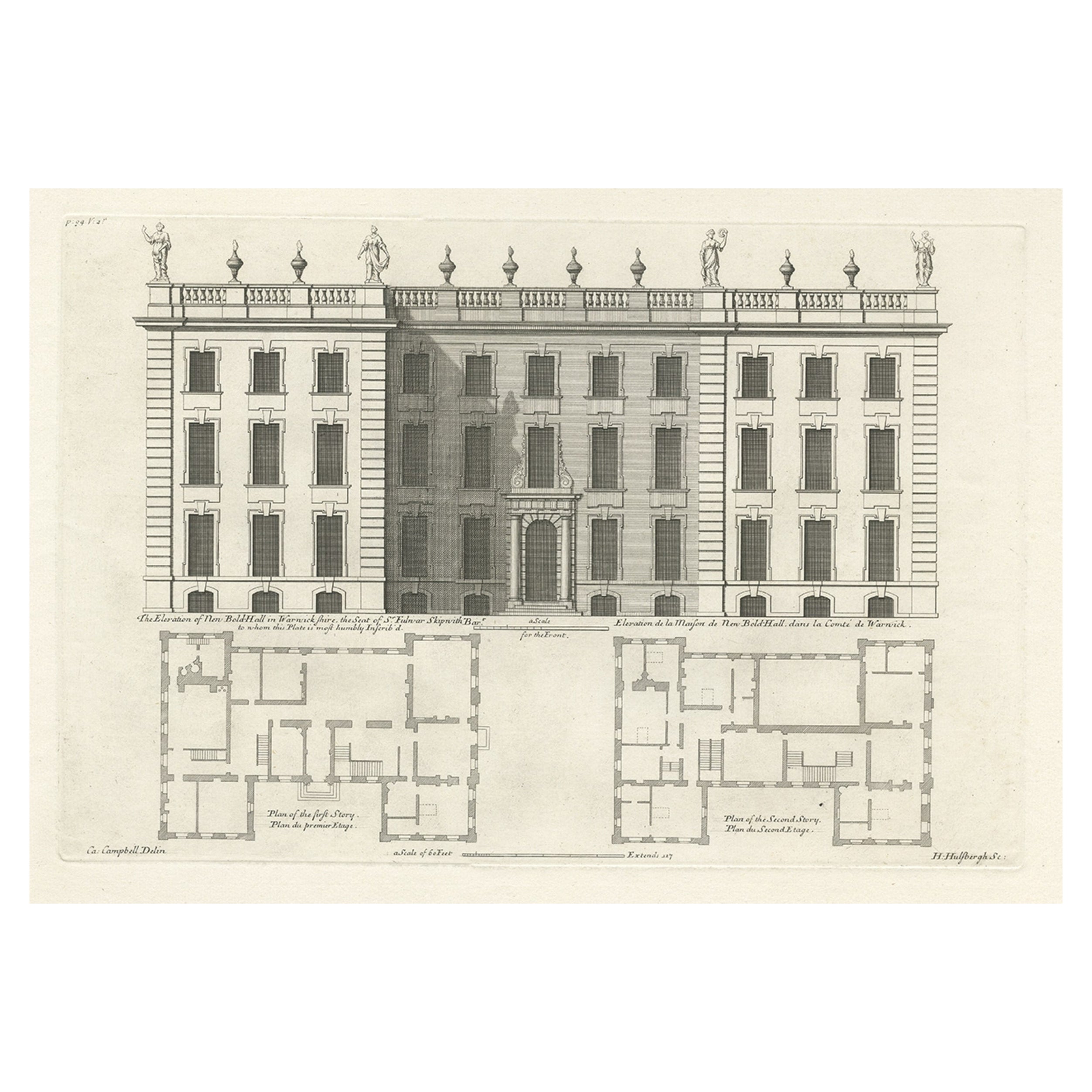 Antique Print of the Bold Hall in Warwickshire in England, 1714 For Sale