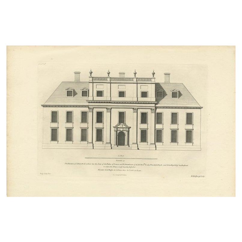 Antique Architectural Print of Cobham Hall in Kent, England, 1717 For Sale