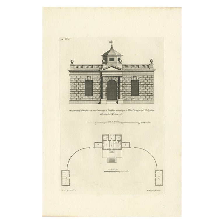 Antique Print of Designs for Ebberston Lodge, Yorkshire, United Kingdom, 1725