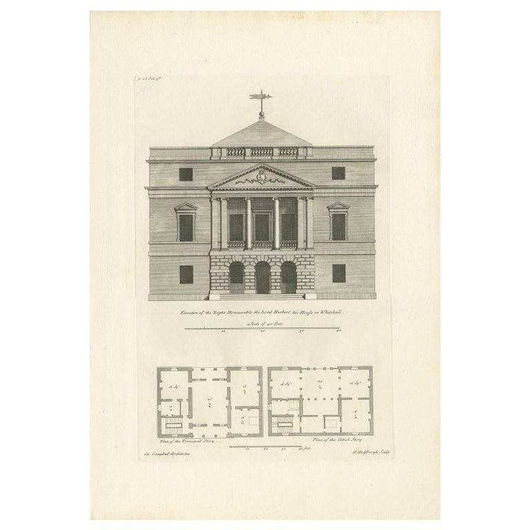 Antique Print of Designs for Pembroke House Whitehall, London, England, 1725