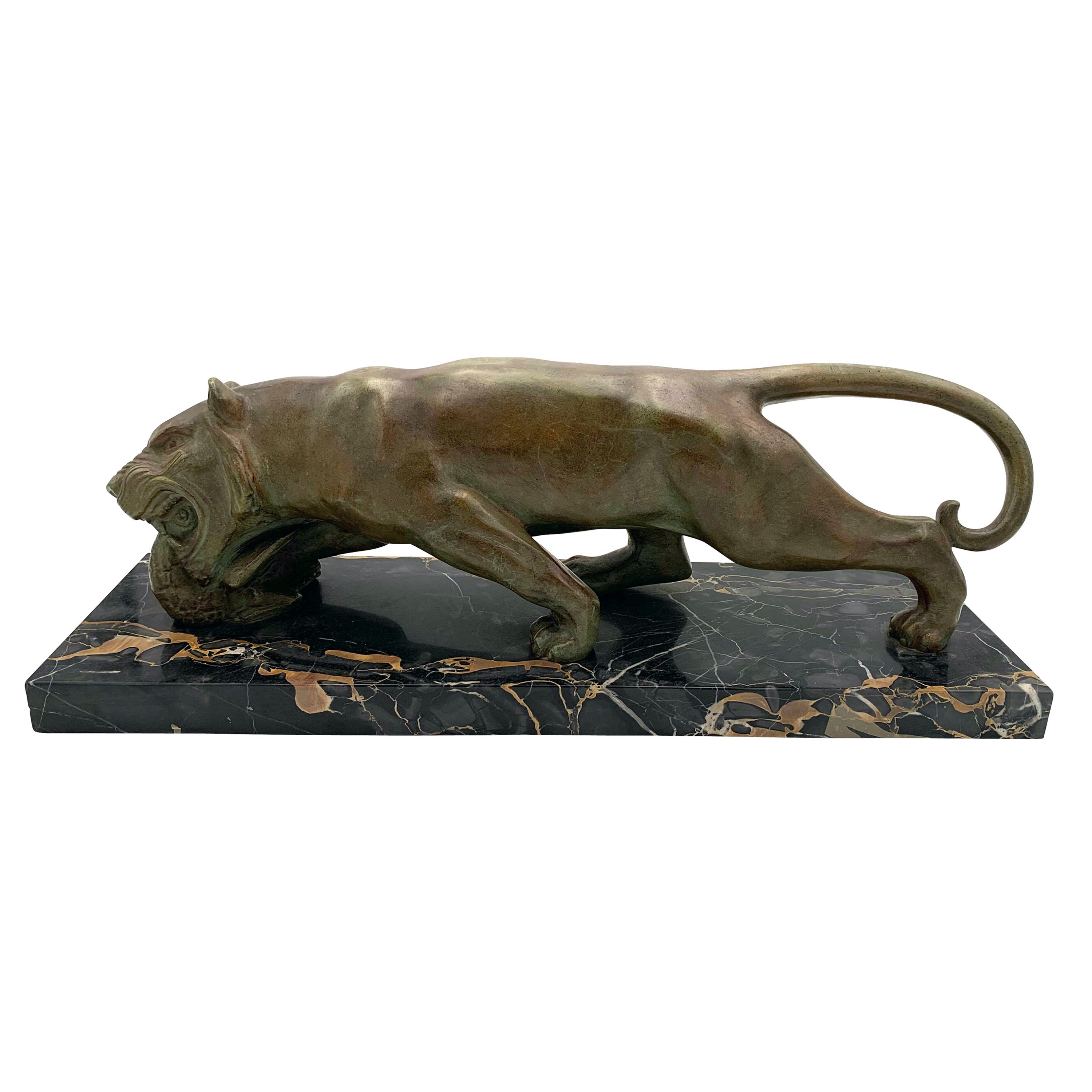 Art Deco Panther Sculpture by Emile Grégoire, Bronze, Marble, France circa 1930
