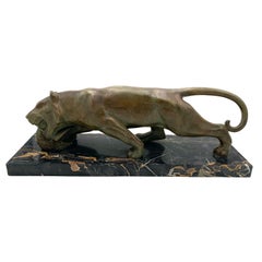 Art-Deco-Panther-Skulptur von Emile Grégoire, Bronze, Marmor, Frankreich um 1930