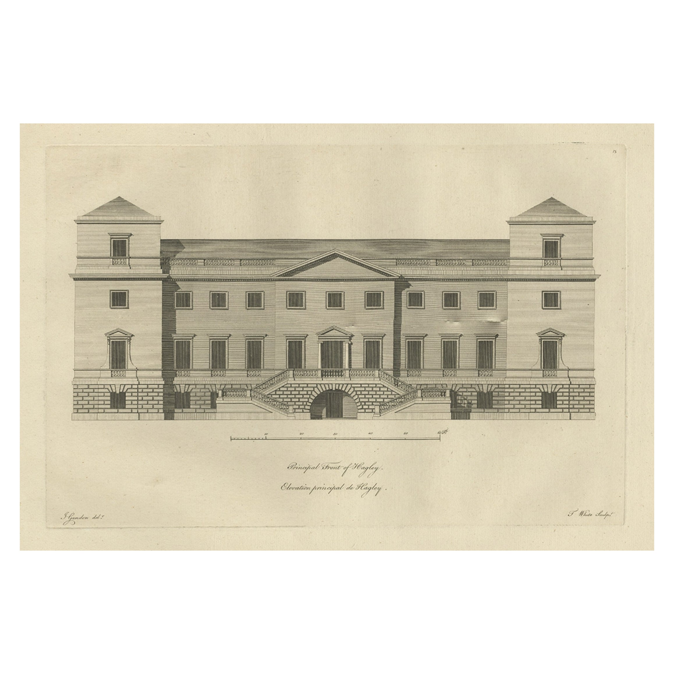 Antique Print of Hagley Hall in Worcestershire, England, ca.1770