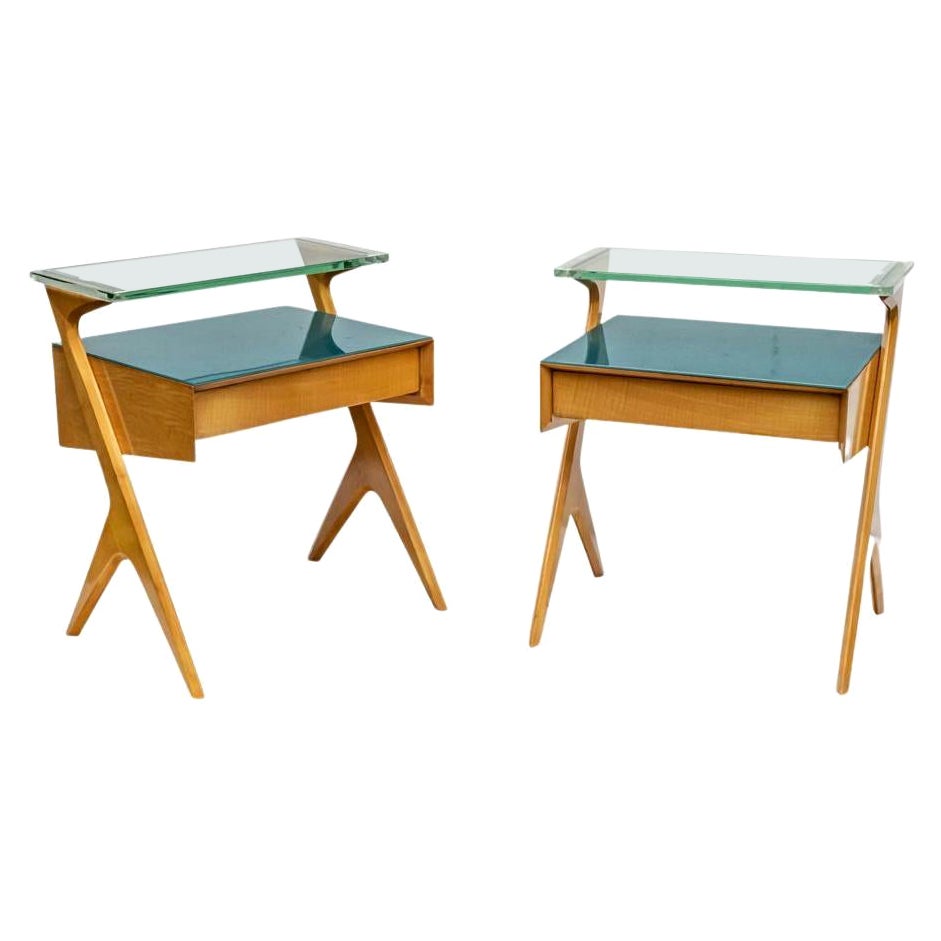 1950s Pair of Side Tables Birchwood Original Glass Italian Design by Dassi