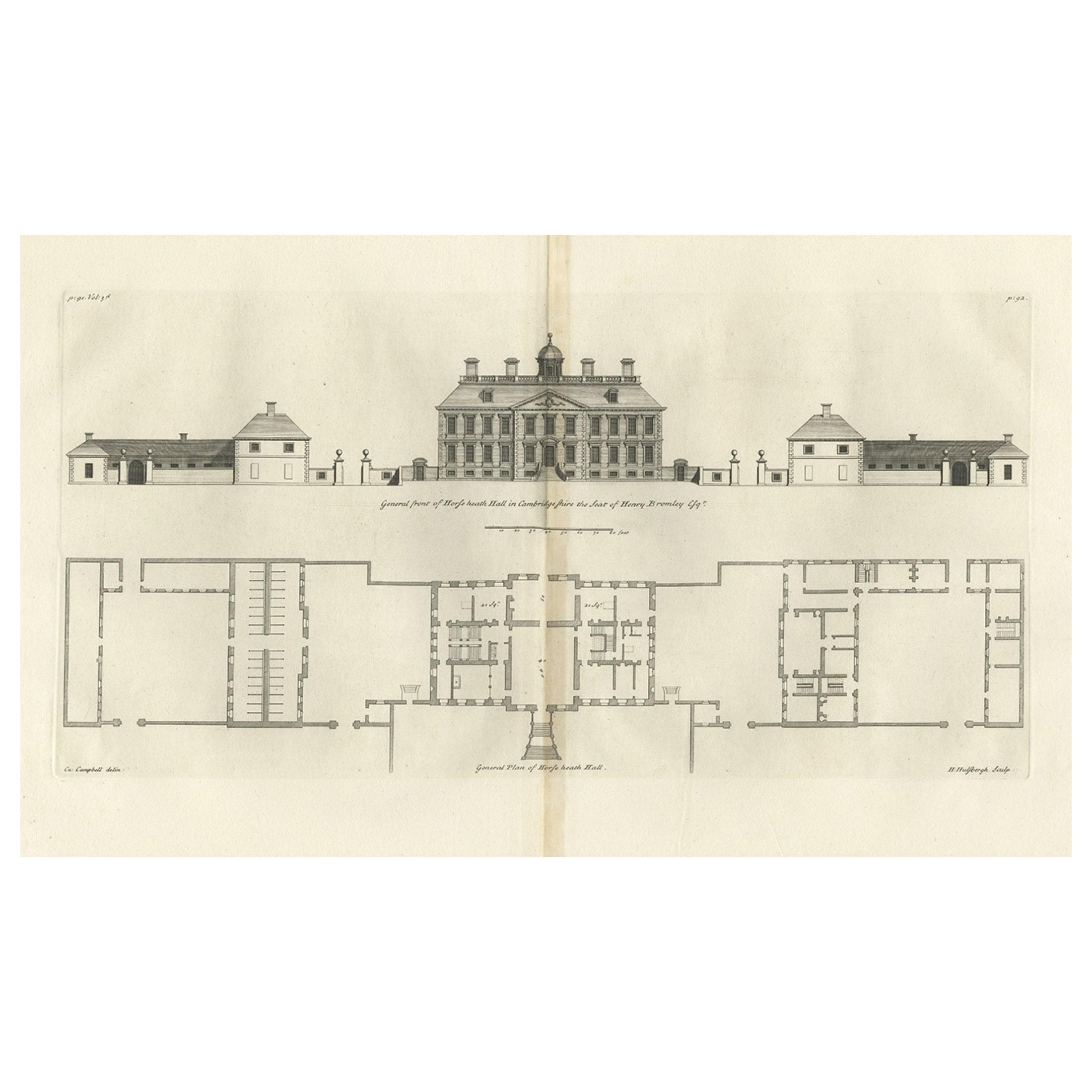 Antiker antiker Druck der Horseheath Hall in Cambridgeshire, England, 1725