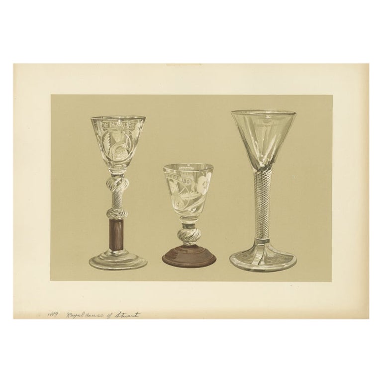 Antique Print of Jacobite Drinking Glasses by Gibb, 1890 For Sale at