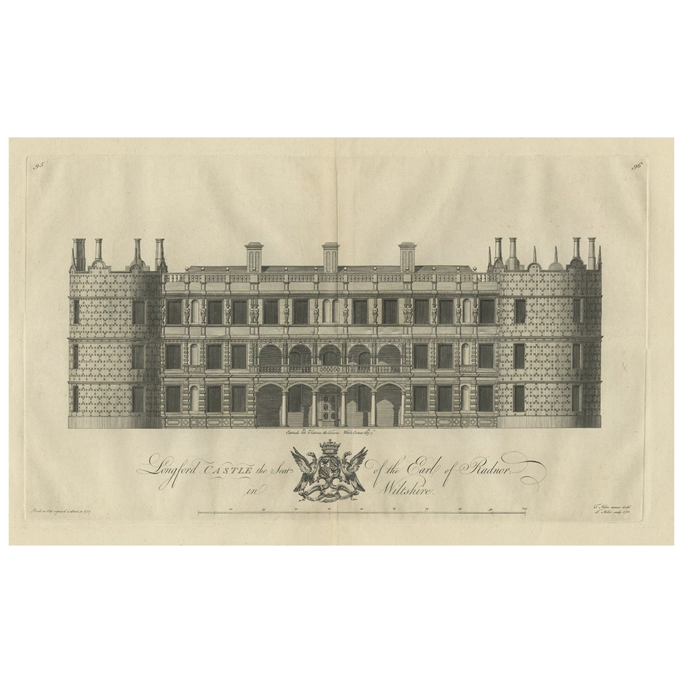 Stampa antica del Castello di Longford, a sud di Salisbury, Wiltshire, Inghilterra, 1766