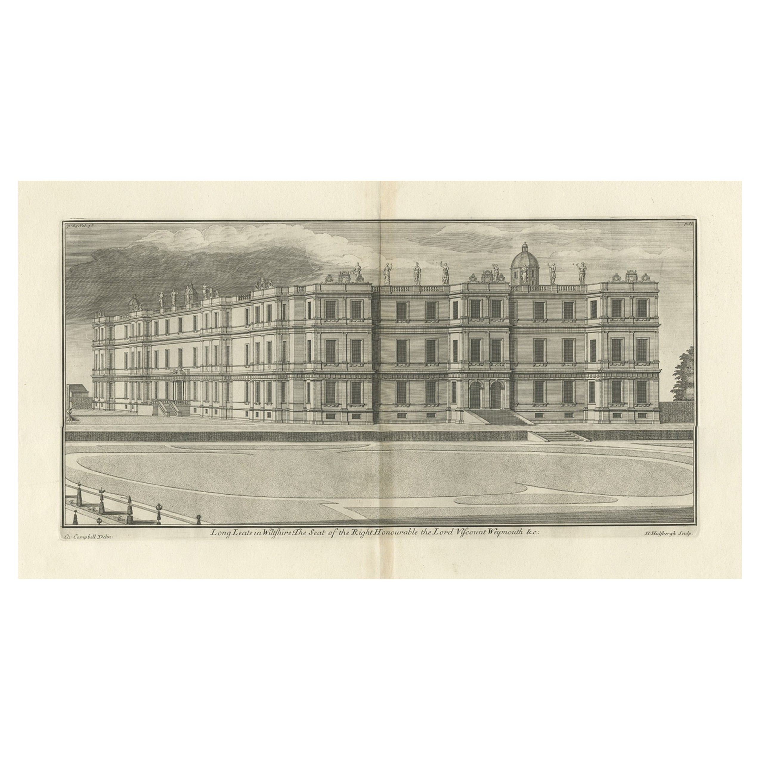 Antique Print of Longleat in Wiltshire, England, 1725 For Sale