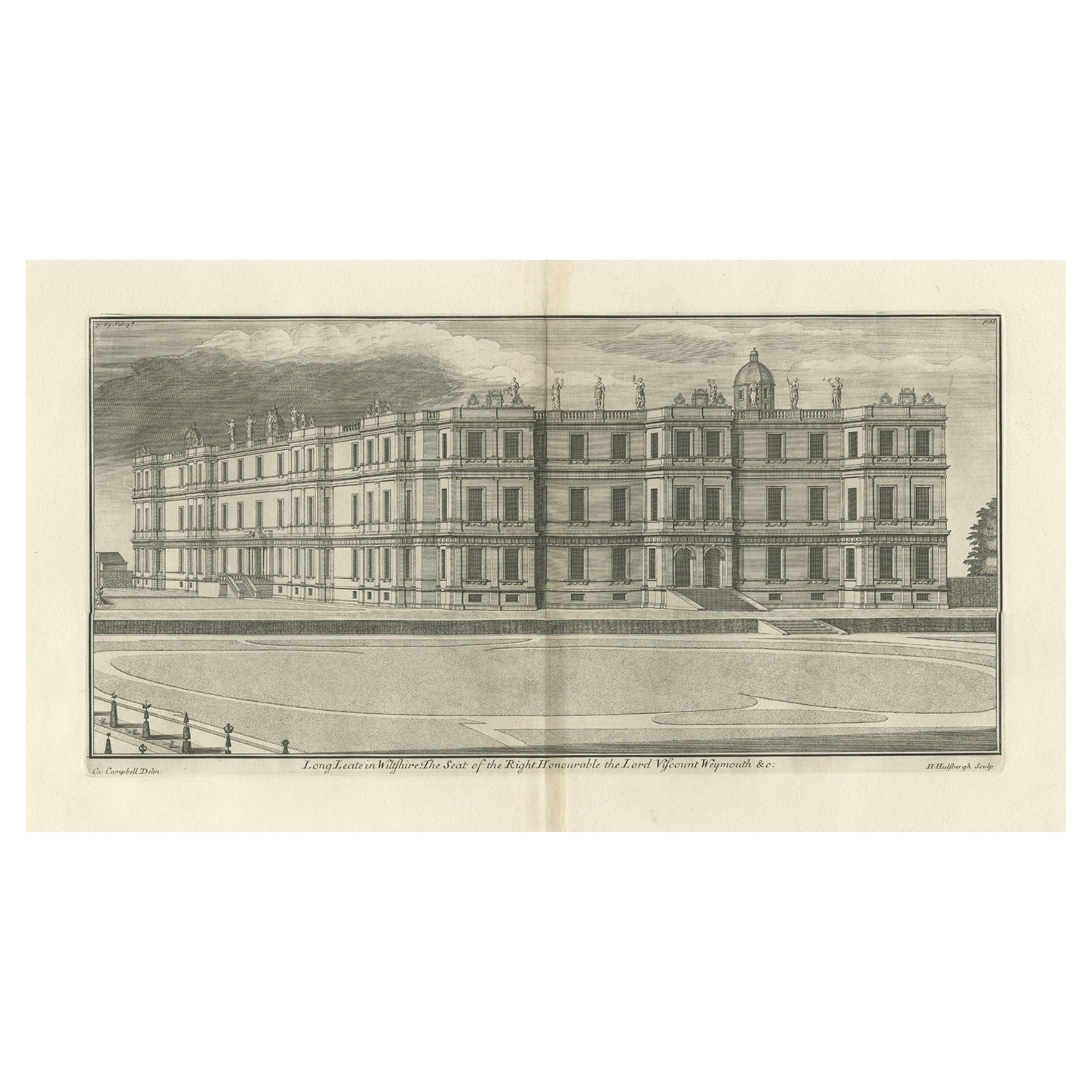 Grabado antiguo de Longleat en Wiltshire, Inglaterra, 1725