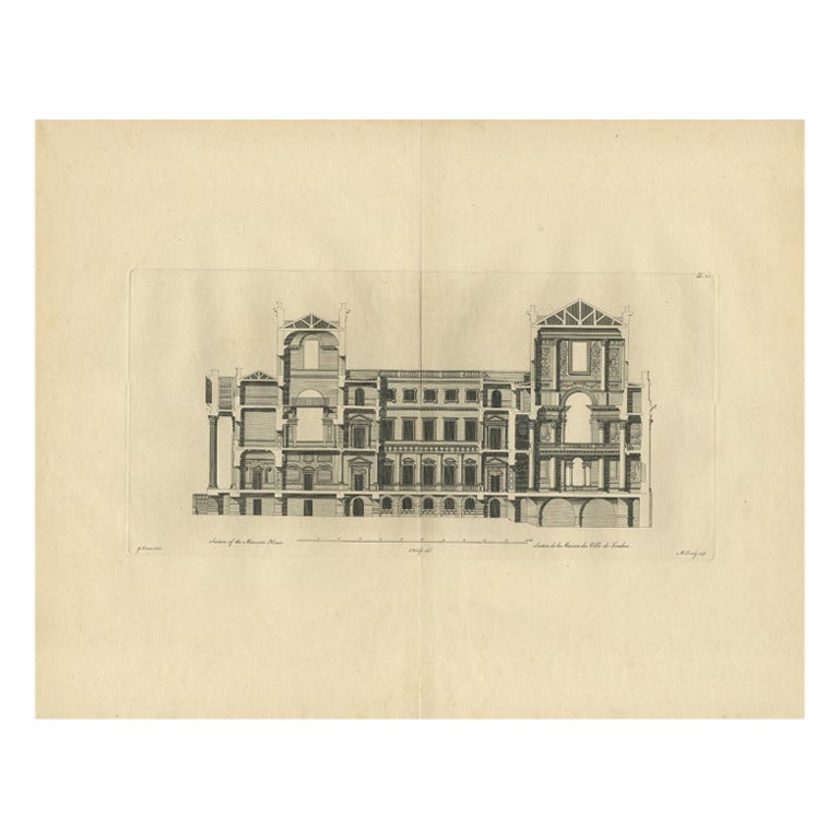 Antiker antiker Druck des Herrenhauses in London, England, von Woolfe, um 1770