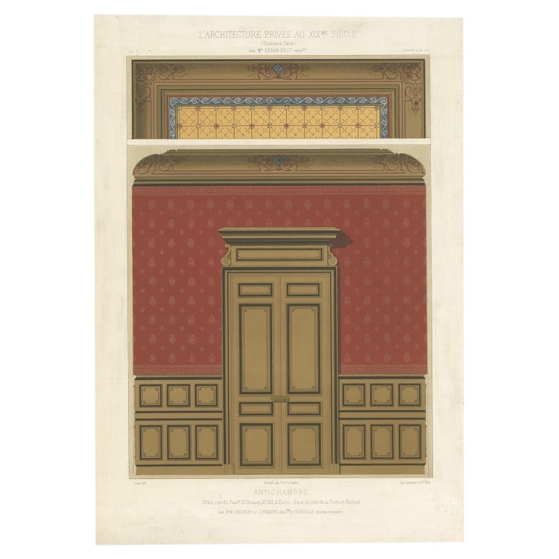 Impression ancienne de décorations ornementales de porte et de plafond d'un hôtel parisien, 1877