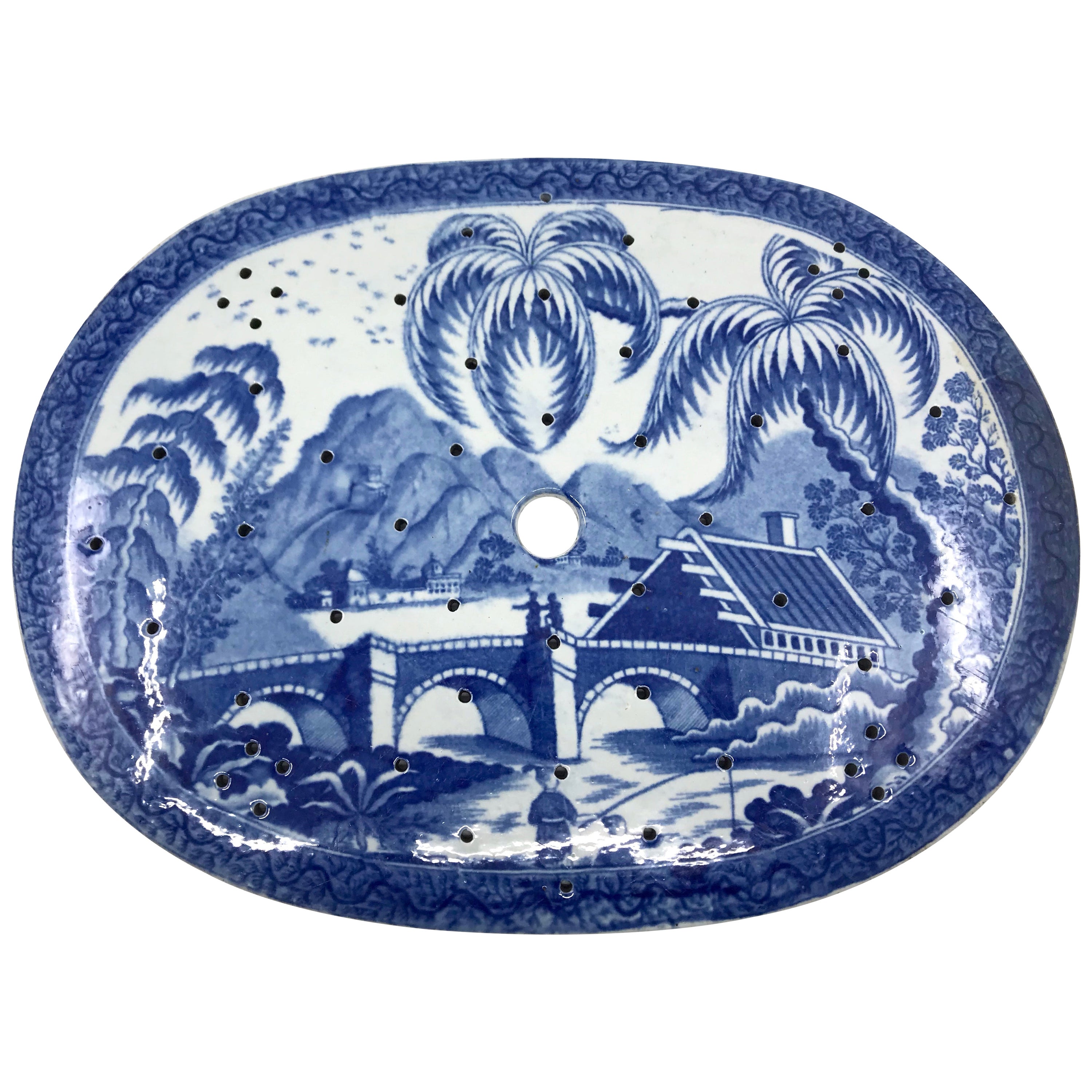Large Blue and White Chinoiserie Strainer For Sale