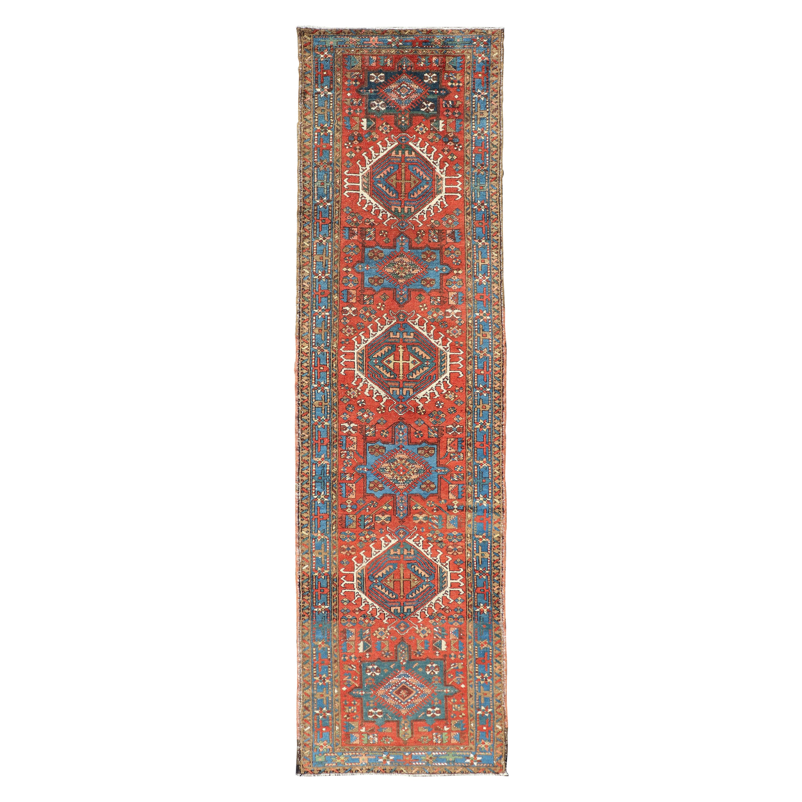 Antique Hand Knotted Persian Heriz Runner with All-Over Sub-Geometric Design