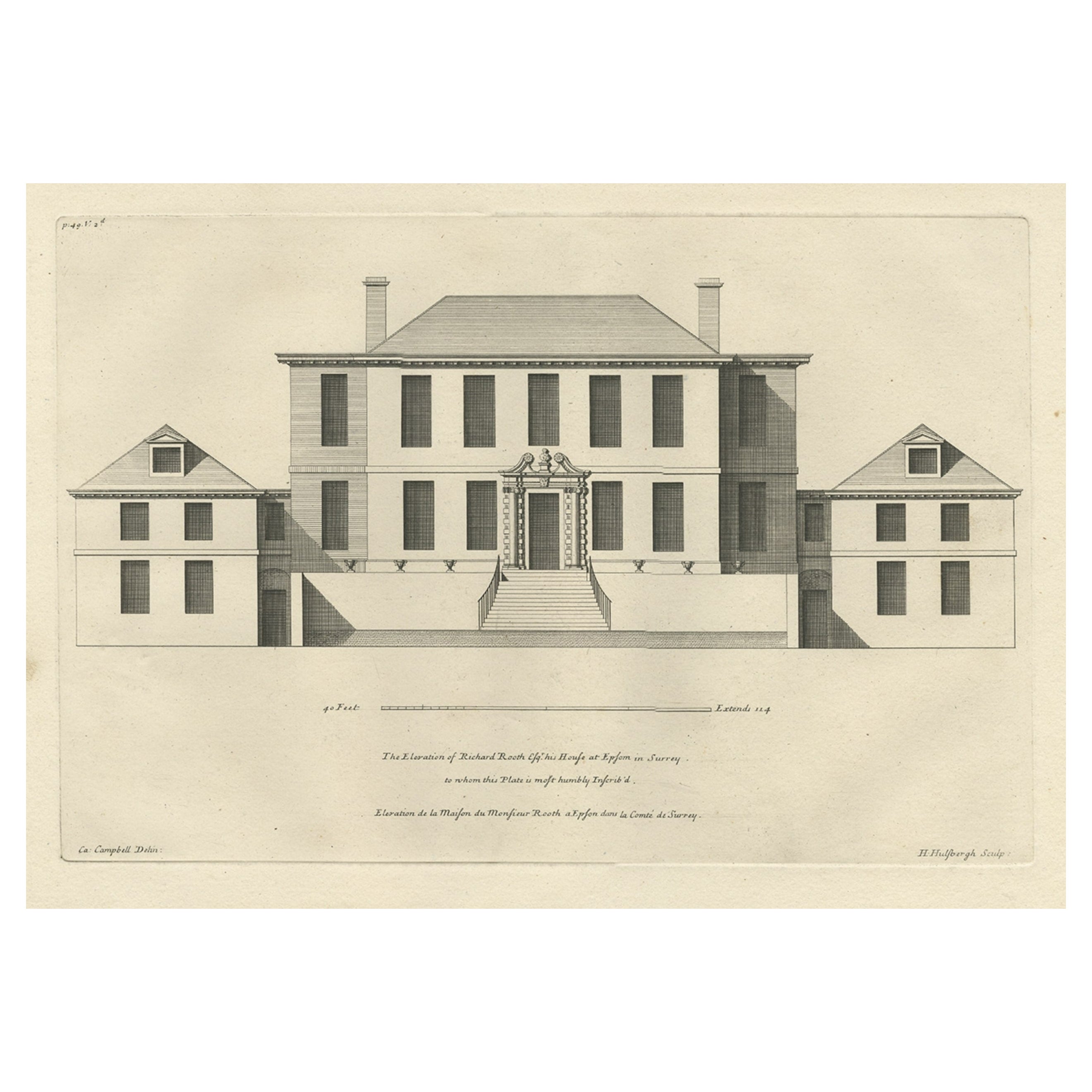 Antique Print of the House of Richard Rooth The Elms, in Surrey, England, 1717 For Sale